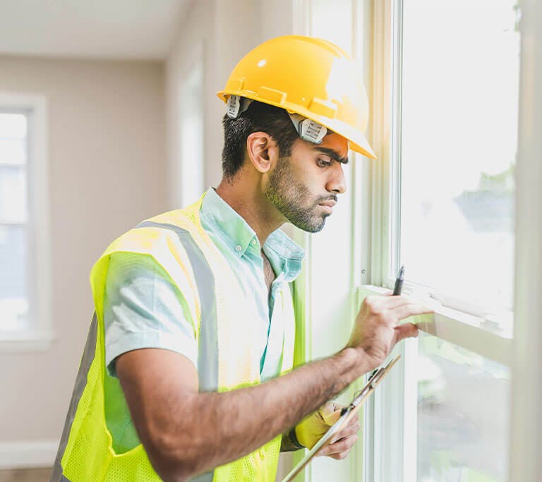 A person holding a clipboard and wearing a hardhat and high-visibility vest inspects an interior window.