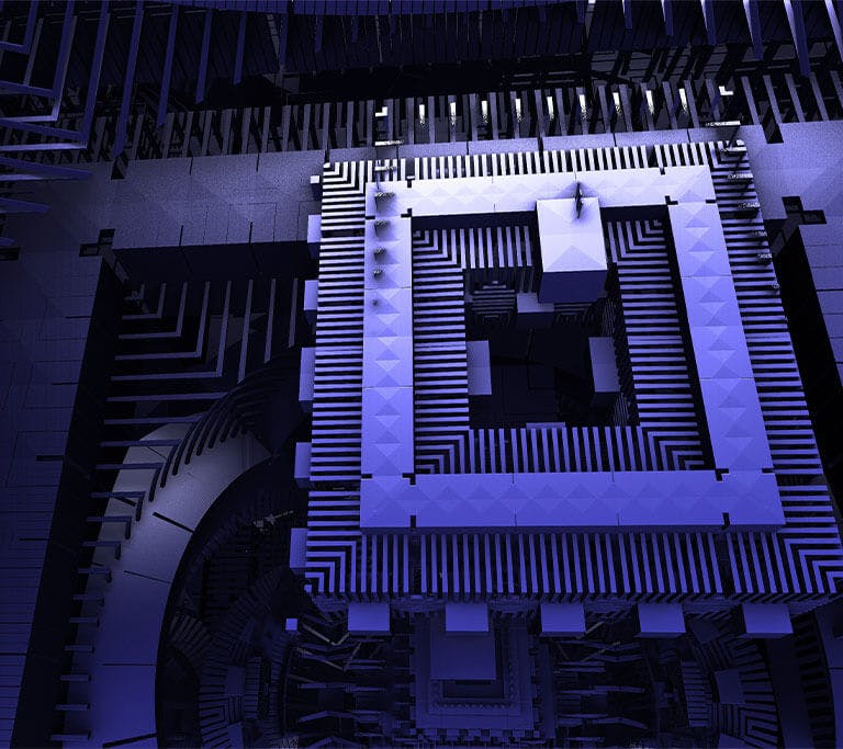Abstract rendering of a quantum computer processor with glowing blue circuitry, symbolizing the evolution of quantum computing technology