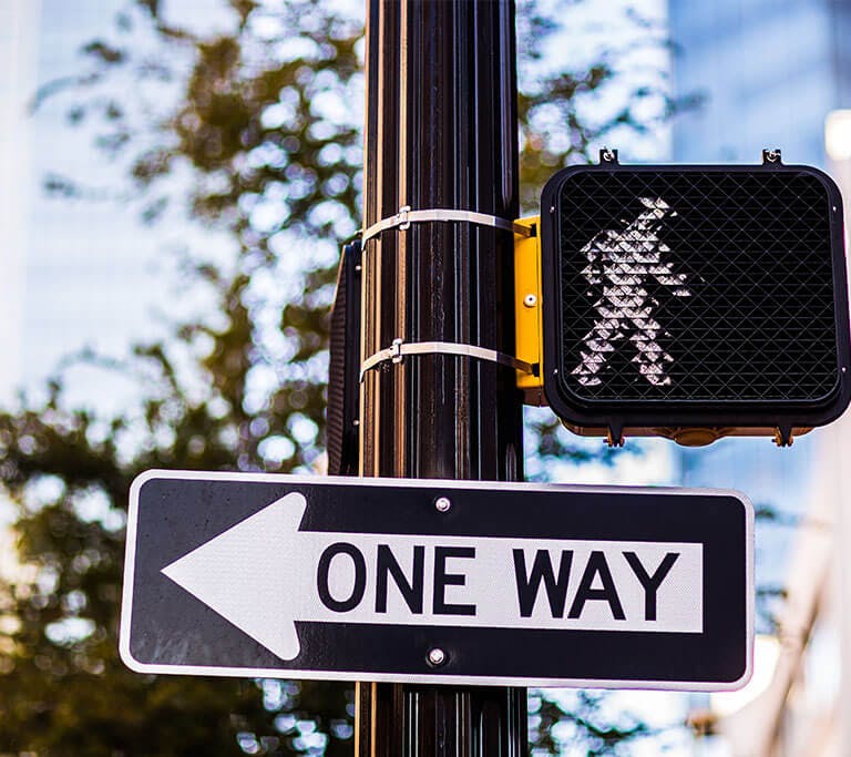 A “ONE WAY” street sign with a left-pointing arrow mounted on a pole beneath a lit walk signal.