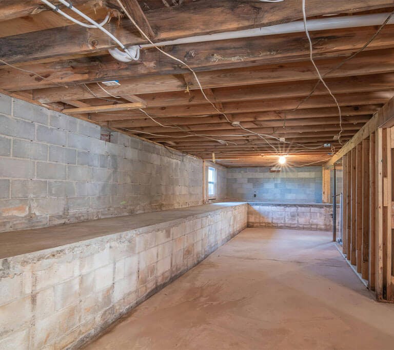 An unfinished basement with exposed beams, walls, cement and floors.