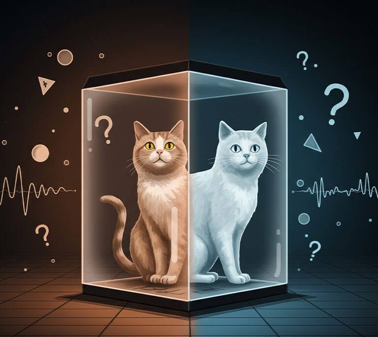 Diagram illustrating Schrödinger's cat thought experiment with four panels showing a cat inside a box, a radioactive hazard symbol, and the cat in superposition states of alive and dead. A large question mark overlays the panels, emphasizing quantum mecha