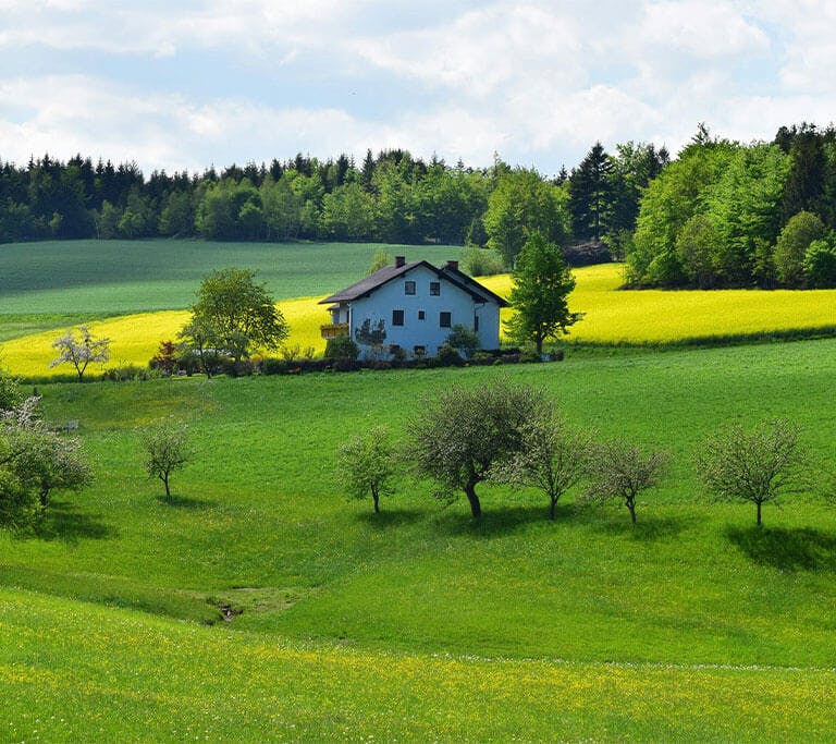 A large white farmhouse sits on a rural plot of land amid green fields and trees in the background and foreground on a bright, cloudy day.