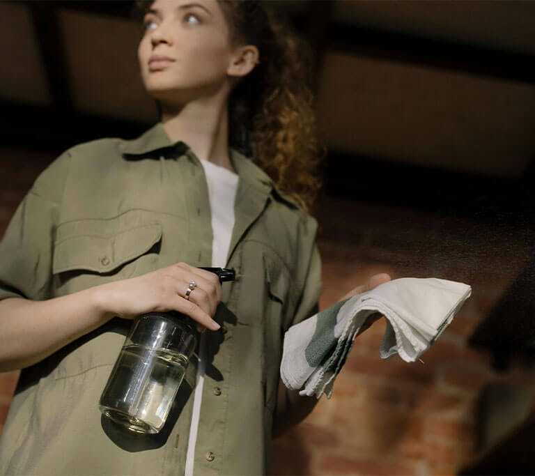 A person in a green shirt holds a spray bottle with low-VOC cleaner and a washcloth.