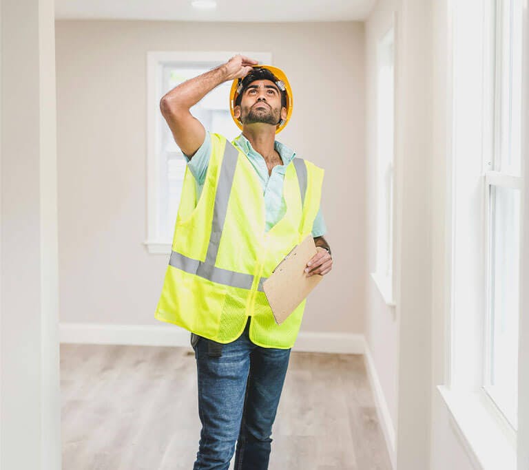 A person wearing jeans and a construction vest inspects the floor and ceiling insulation in a home with light wood floors and cream walls.