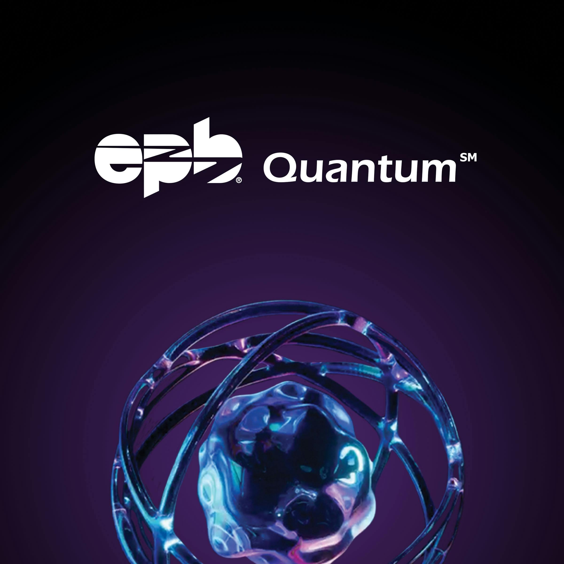 EPB Quantum overlaid on a black and purple background zoomed in on an atom