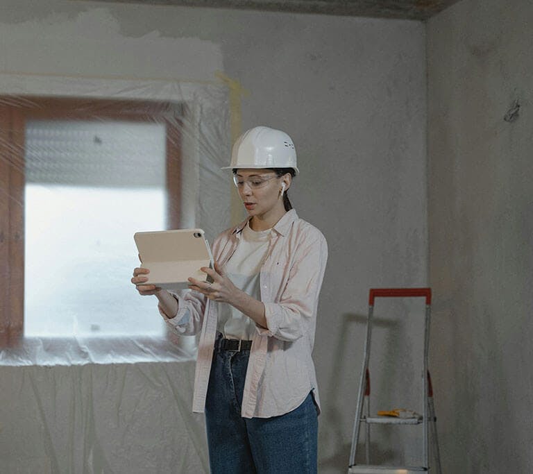 A person wearing a hard hat and safety glasses stands in a partially finished room, holding a tablet. A ladder and construction tools are visible in the background, suggesting they are inspecting or managing a renovation project.