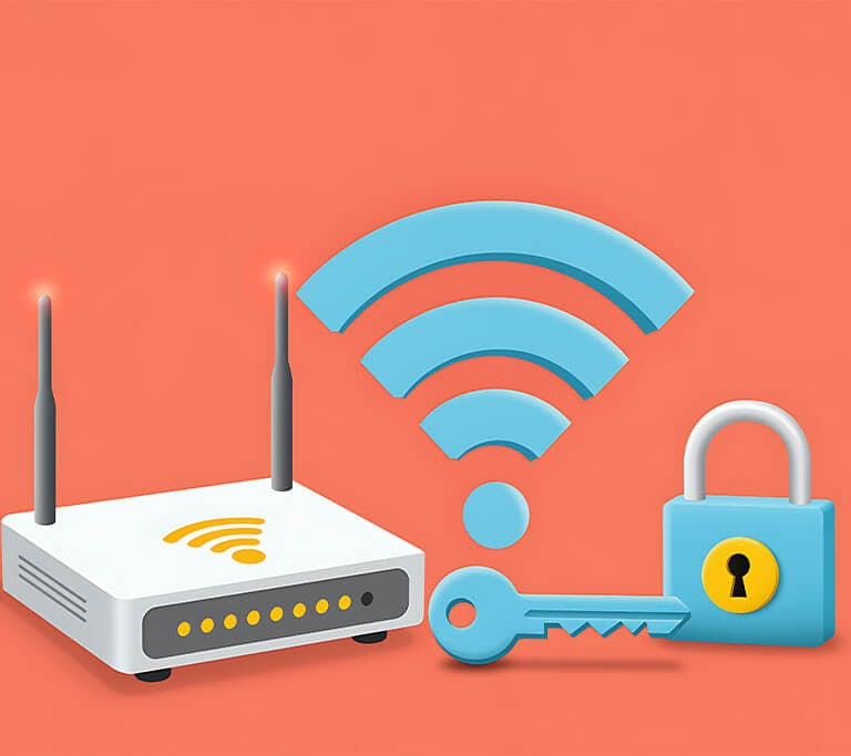 Illustration of a router, wifi symbol and a lock and key representing security.