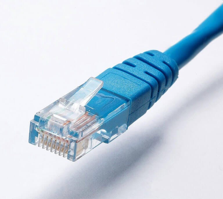 A close-up of a blue Ethernet cable with an RJ45 connector, commonly used for wired internet connections.