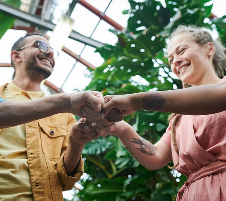 A group of people smiling and doing a group fist bump in a bright indoor space filled with green plants and natural light. The setting has a relaxed, collaborative atmosphere.