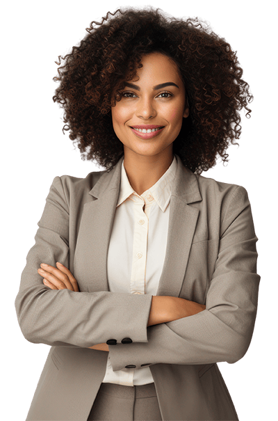 Woman in suit standing with arms folded.