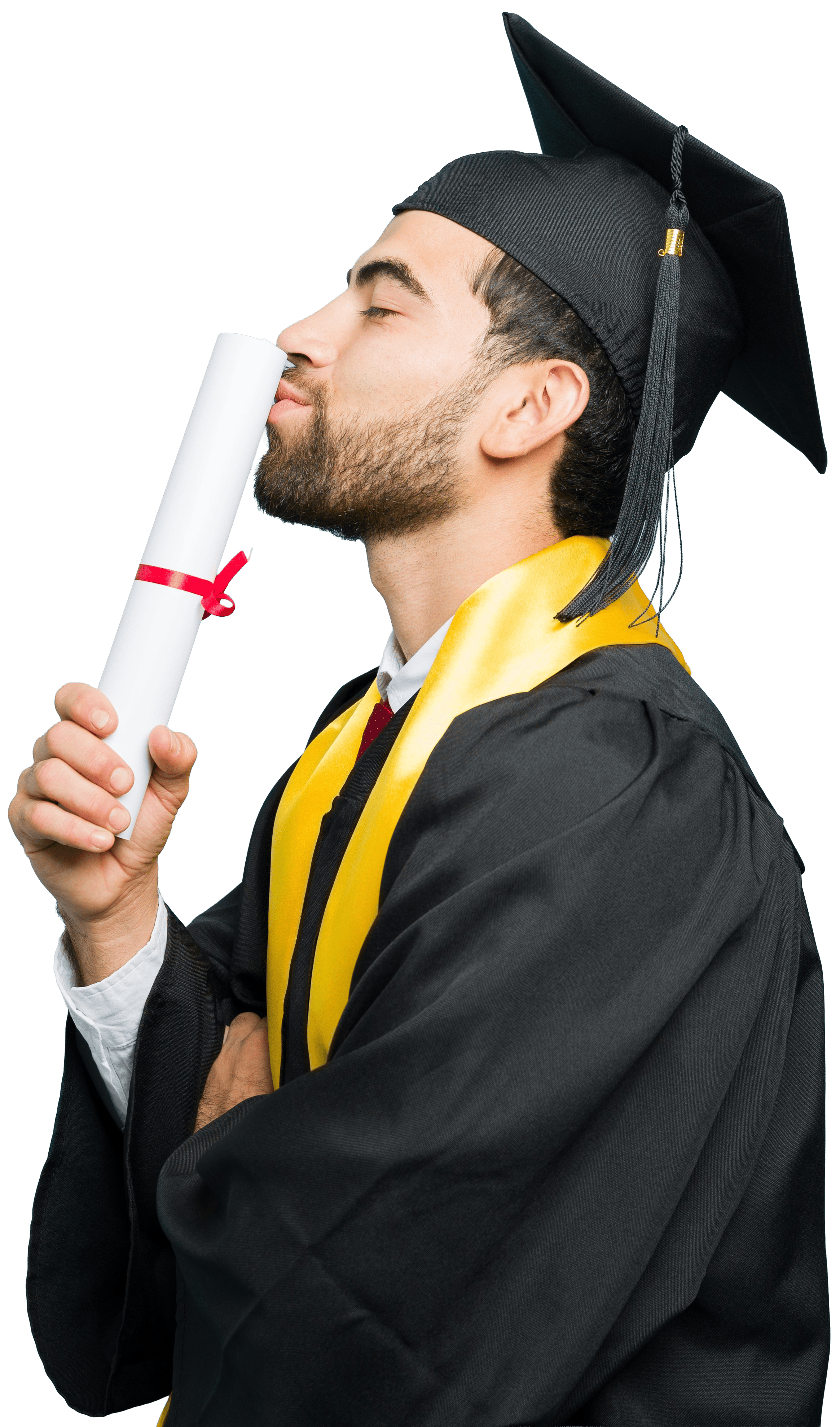 Man in cap and gown with diploma