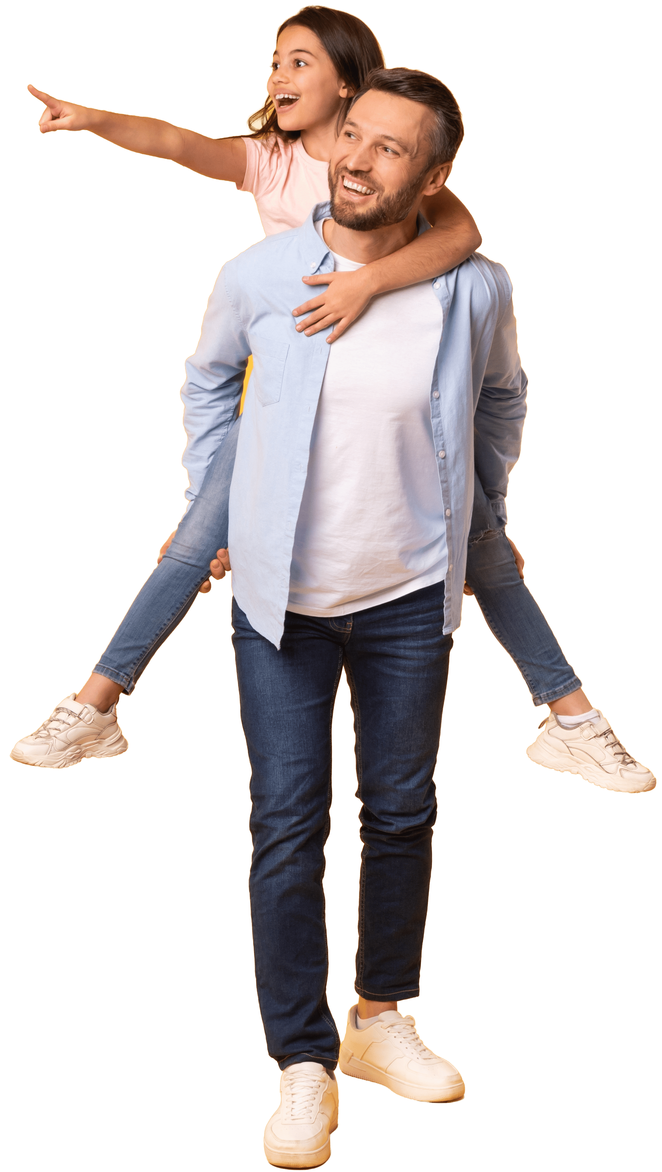 Man with daughter on his back pointing and smiling